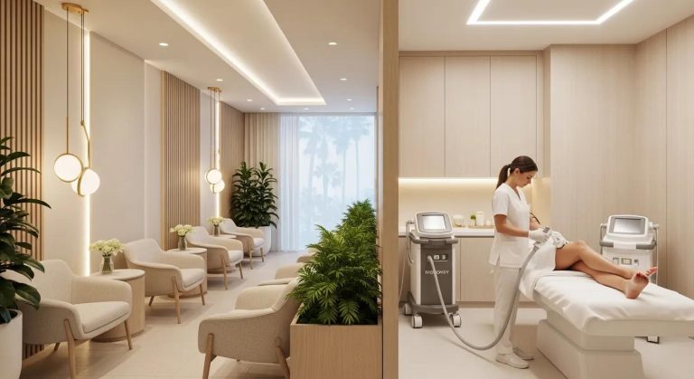 Laser hair removal treatment in our Beverly Hills clinic — serene, modern setting without sigh