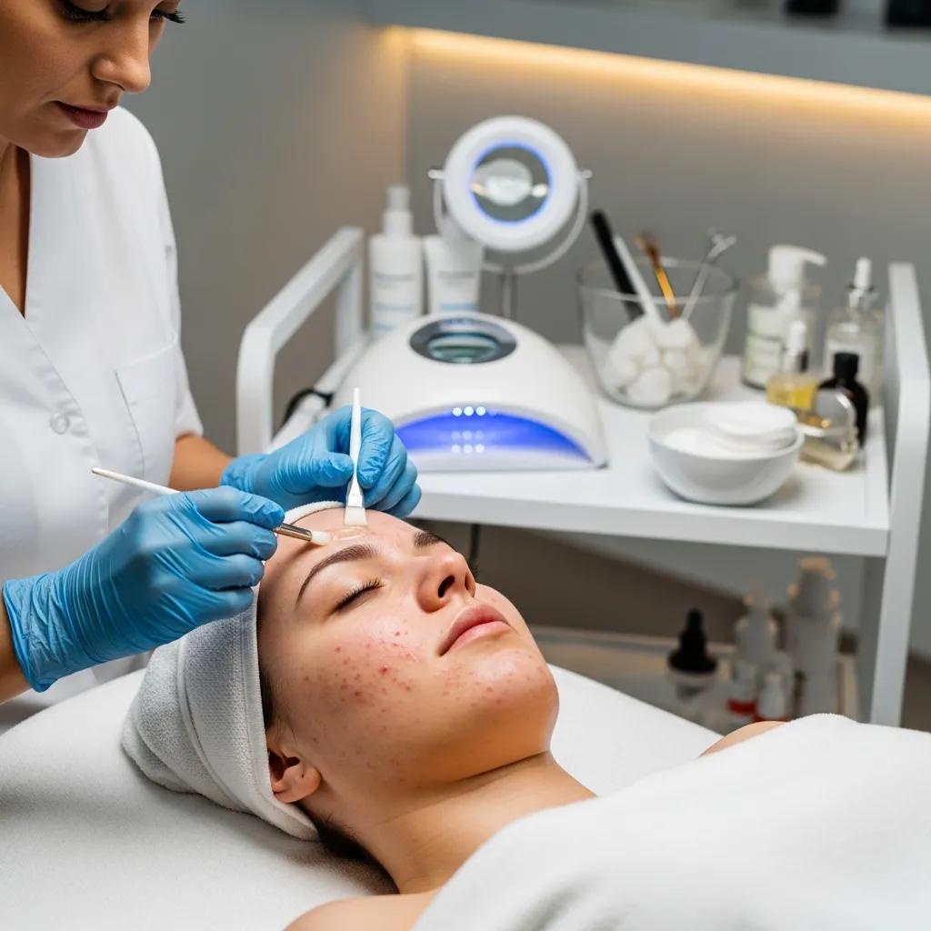 A skilled aesthetician performing a medical-grade facial on a client with acne-prone skin