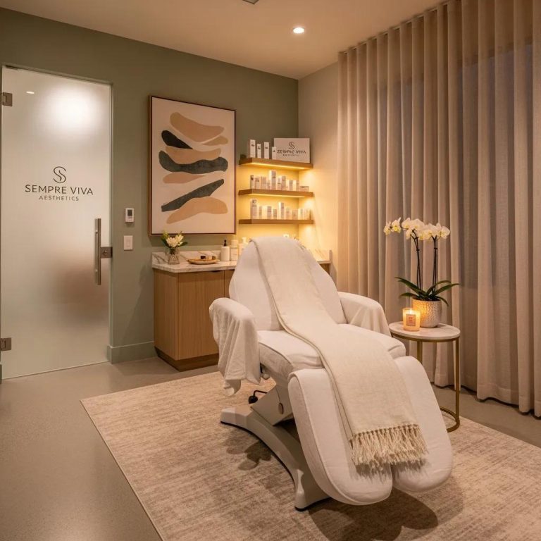 Luxurious aesthetic treatment room at Sempre Viva Aesthetics showcasing skincare products and a relaxing atmosphere