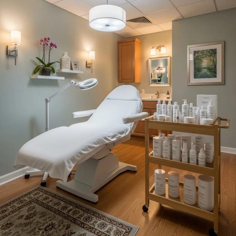 Medical spa treatment room designed for acne facials, featuring skincare products and a relaxing atmosphere